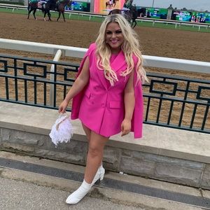 ZARA pink sheath dress and caped blazer